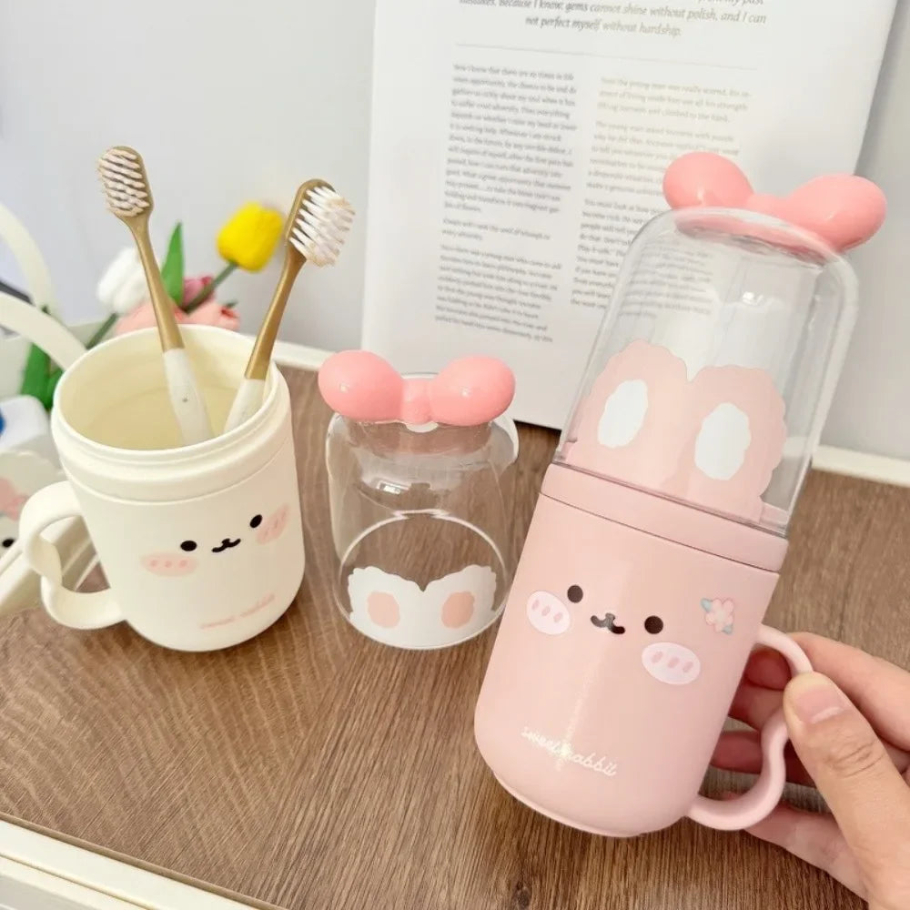 tasse dents dessin animé rose blanche oreilles lapin réutilisable moderne enfantine poignée transparente