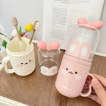 tasse dents dessin animé rose blanche oreilles lapin réutilisable moderne enfantine poignée transparente