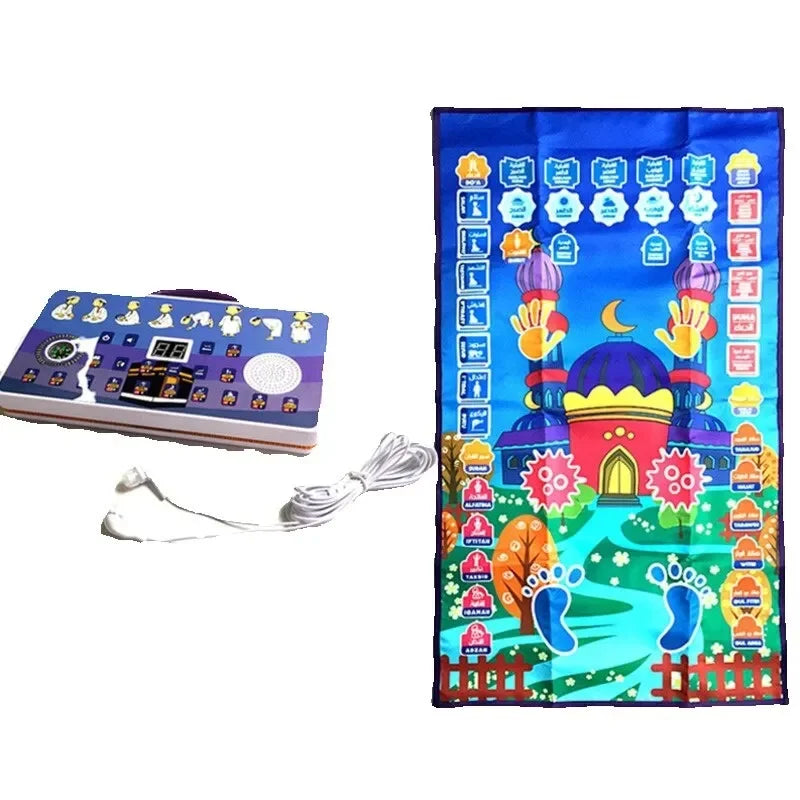tapis prière enfant motifs islamiques couleurs vives boîte contrôle câble audio écouteurs moderne bleu