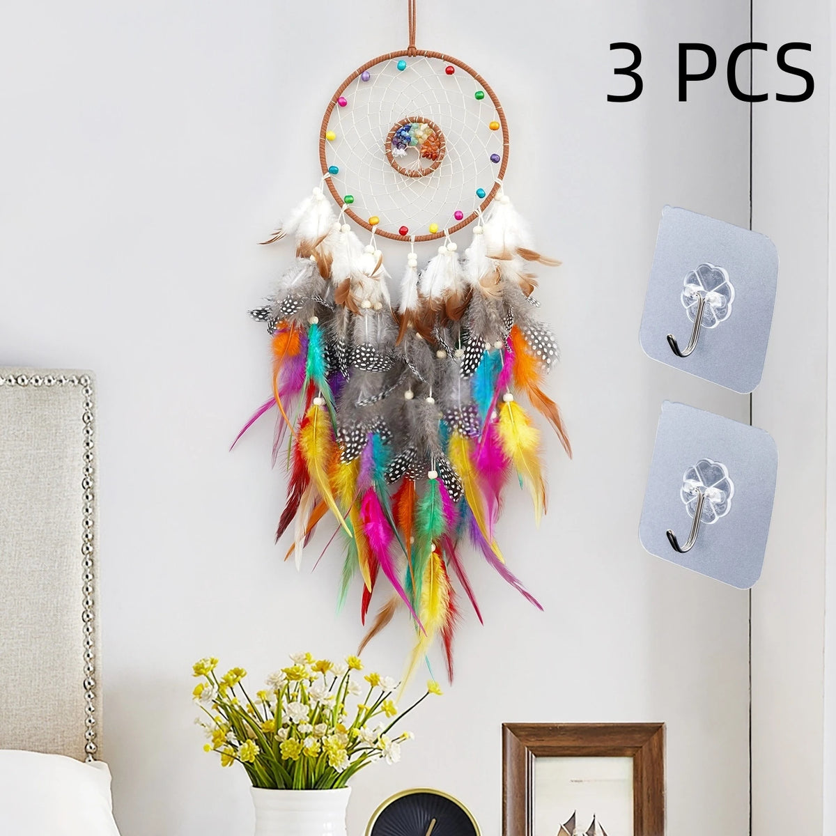 attrape rêves boho chic plumes multicolore bleu rouge gris orange salon chambre