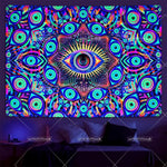 tapisserie murale multicolore oeil stylisé motifs géométriques artificielle psychédélique uv reactive