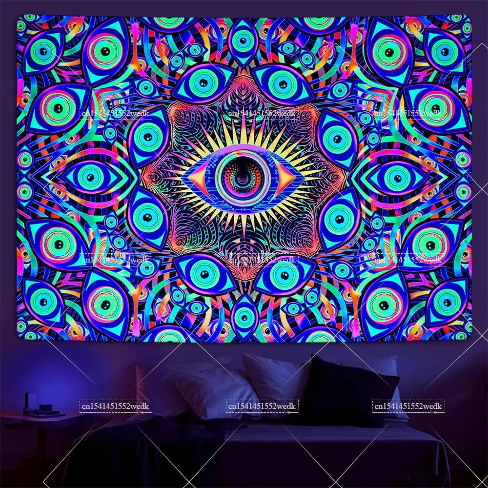 tapisserie murale multicolore oeil stylisé motifs géométriques artificielle psychédélique uv reactive
