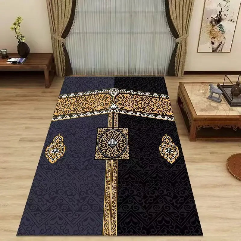 tapis prière islamique bleu motif arabesque doré culte musulman maison salon décoratif