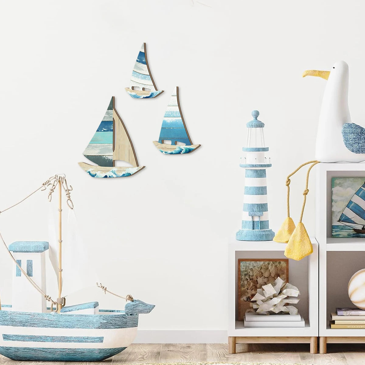 décoration murale art marin voiles bateau peinture vague bleu blanc bois farmhouse chambre salonétévacancesintérieur
