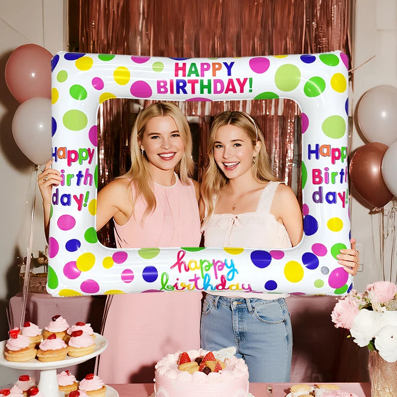 cadre photo gonflable happy birthday blanc multicolore motifs pois inscriptions fête anniversaire valise antifuite