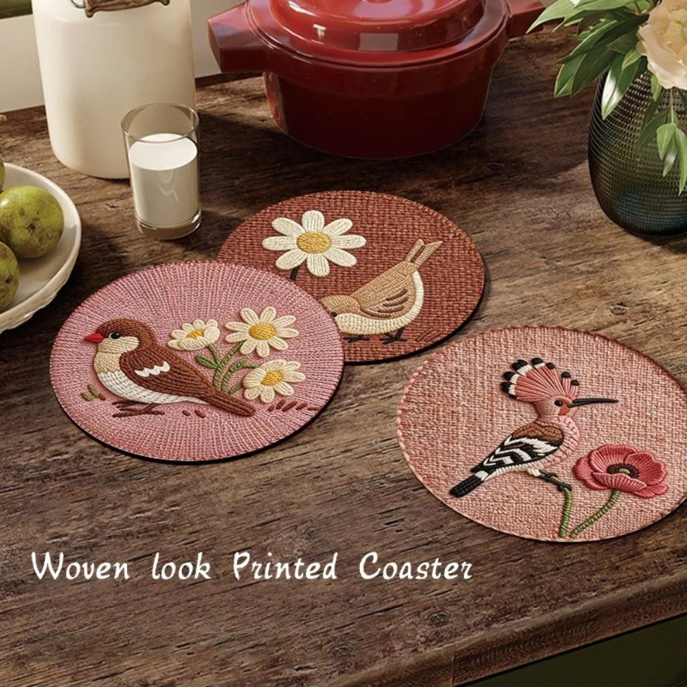 coasters oiseaux fleurs brodés rose marron beige tissu imitation chanvre traditionnels résistants chaleur