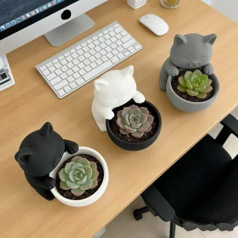 cache pot forme chat texture cuir moderne noir blanc gris drainage succulentes cactus chambre