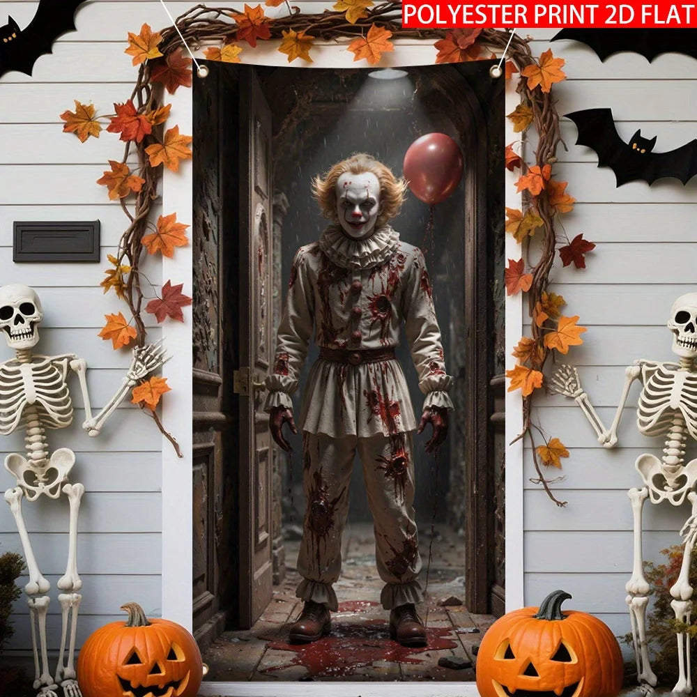 décoration murale halloween poster clown macabre citrouille squelette toile d'araignée gris rouge noire
