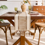 chemin table rustique beige franges tissé décoration intérieure cuisine salon ferme