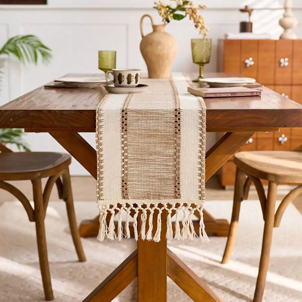 chemin table rustique beige franges tissé décoration intérieure cuisine salon ferme