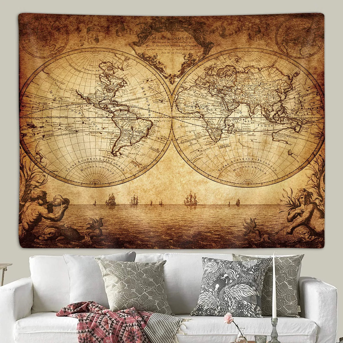 tapisserie vintage carte monde détails historiques beige marron noir rectangle