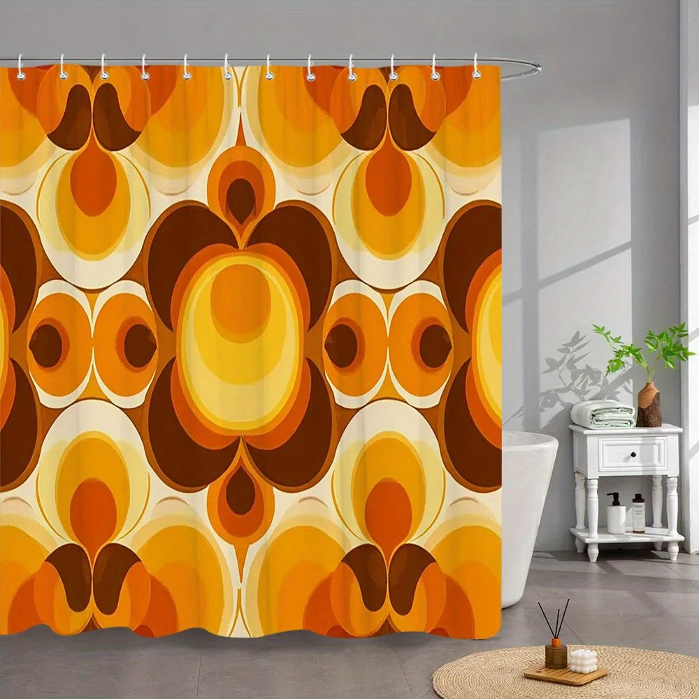 rideau douche vintage orange marron cercles concentriques geometrique polyester moderne