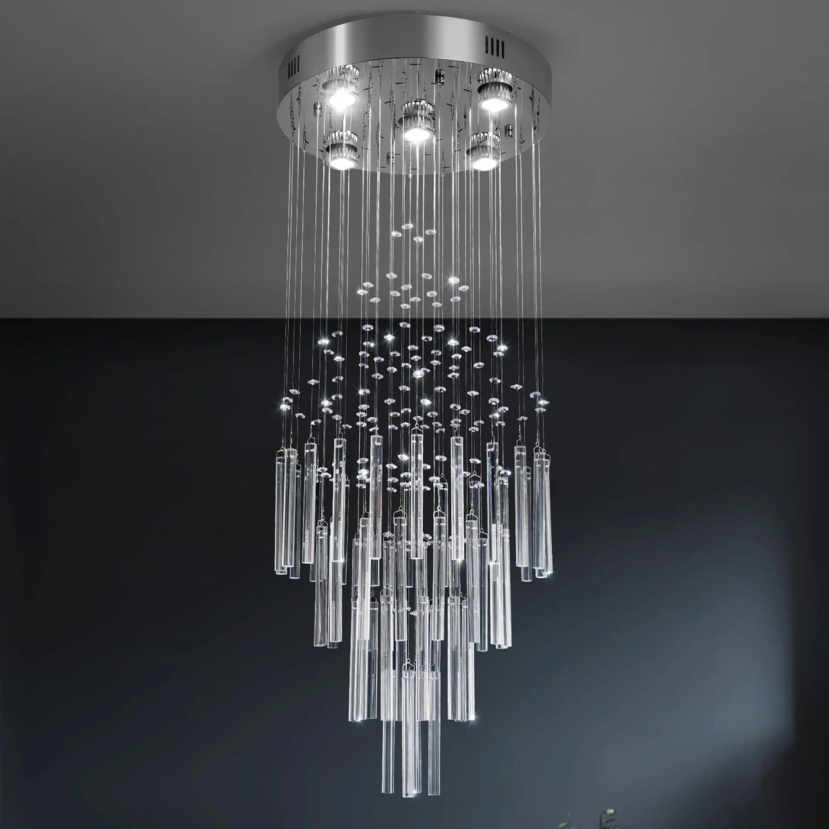 lustre suspendu moderne cristal argenté gouttes transparentes intérieur luxe