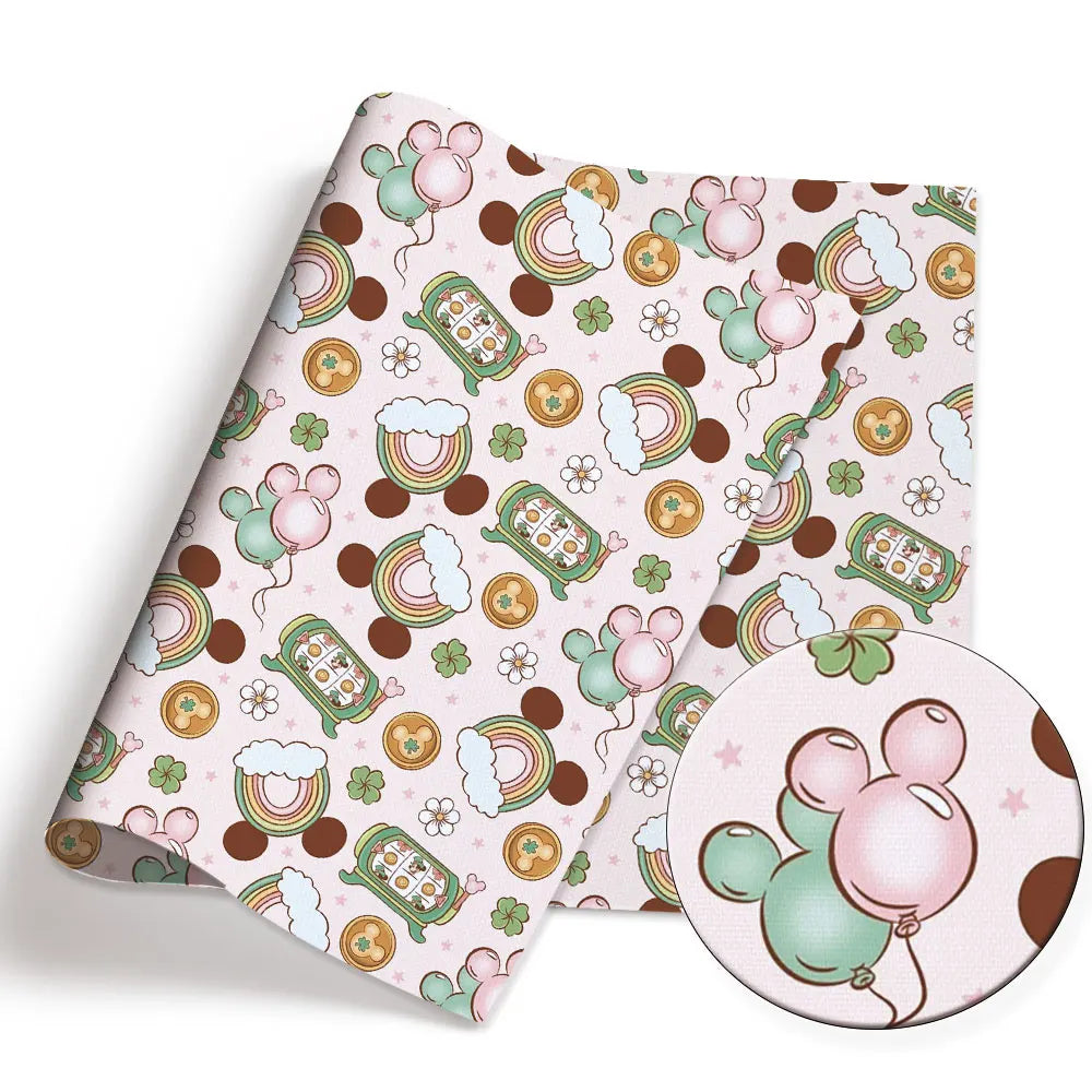 papier cadeau illustration personnages animés motifs floraux couleurs bleu rose vert blanc 140x50cm