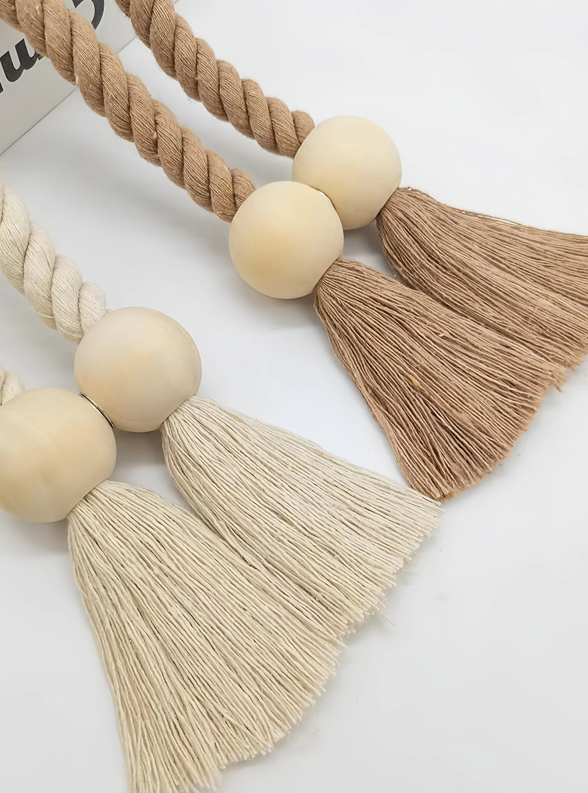 boucle rideau aimant bois boho chic coton pompons franges corde torsadée beige blanc