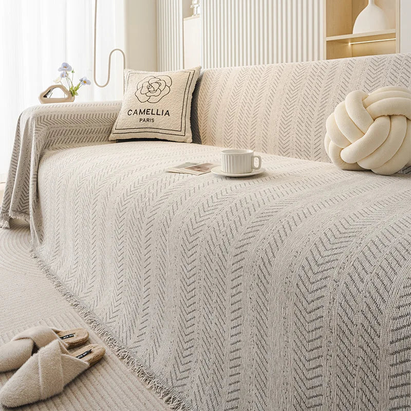 housse canapé moderne couverture chenille motif géométrique beige noir fixations machine polyester salon