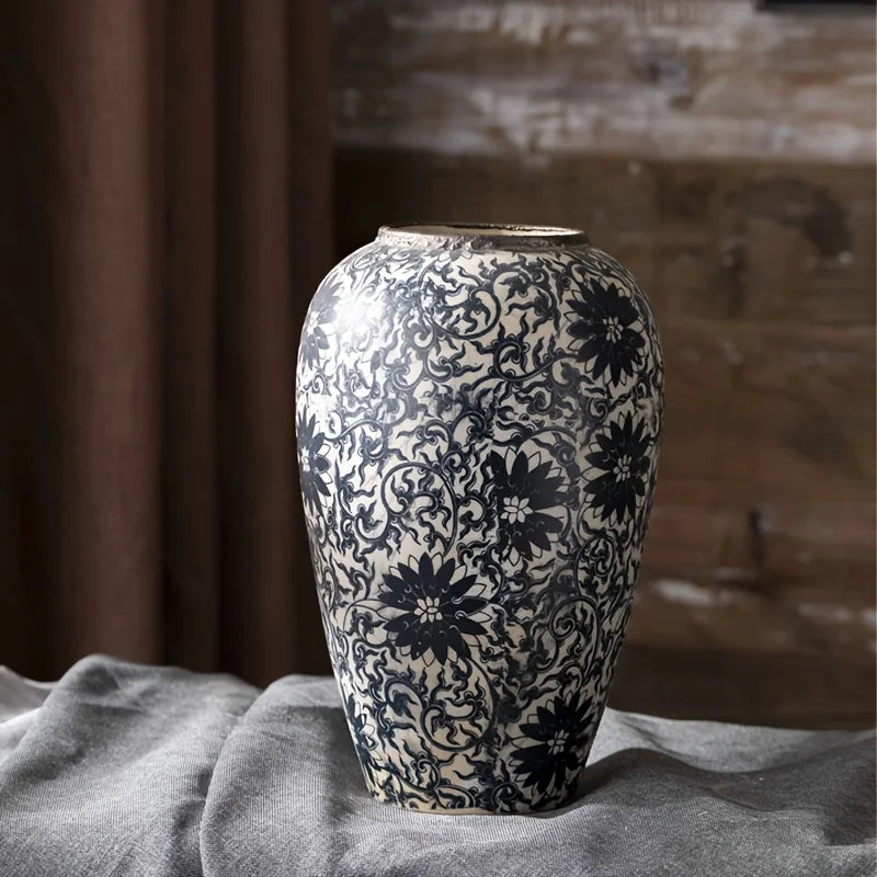 vases céramique blanc noir floral traditionnels classiques salon entrée decoration cylindrique