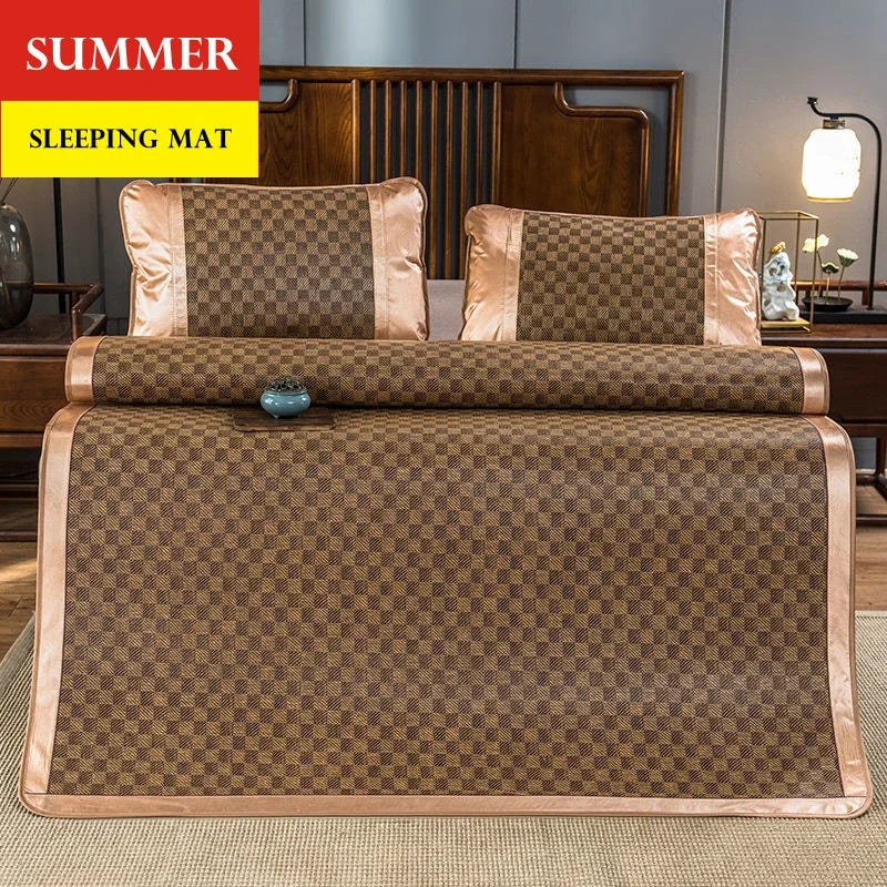 matelas sommeil rotin bambou beige marron carreaux géométriques coussins lit double