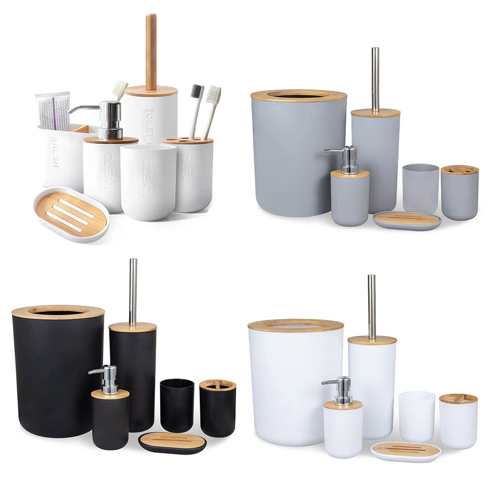 ensemble accessoires salle bain bambou distributeur savon porte brosse dents plateau brosse wc