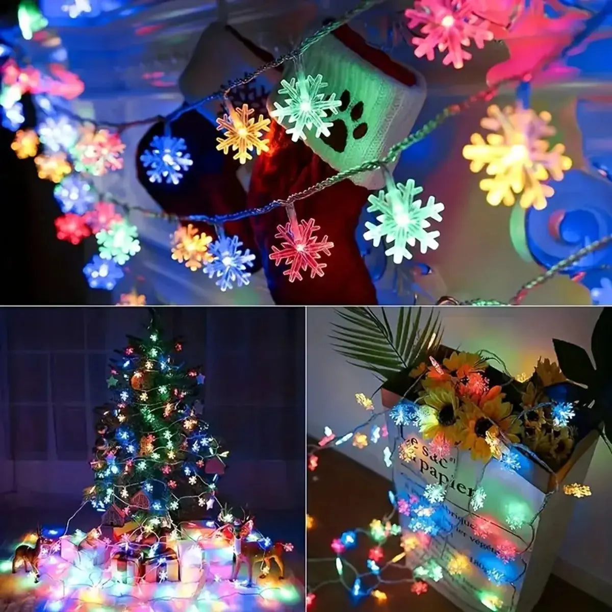 guirlande lumineuse flocons neige blanc bleu vacances noël ambiance intérieure extérieure led festive jardin
