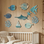 décorations murales poissons coraux bateaux marin rétro opaques lot 10 bleu blanc gris