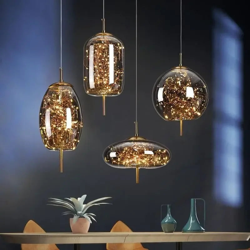 lampe suspendue moderne transparente dorée fil cuivre câble suspendu chambre salon étude chambre d'hôtel