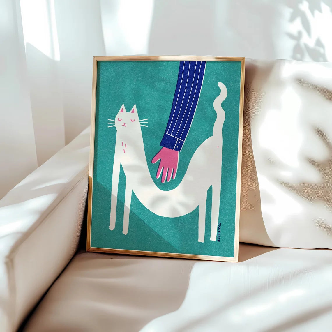affiche moderne chat blanc illustration main verte rose noire