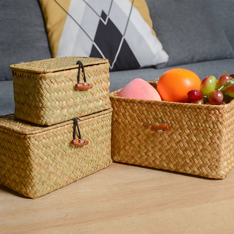 Panier de rangement avec couvercle en rotin naturel couleur noir