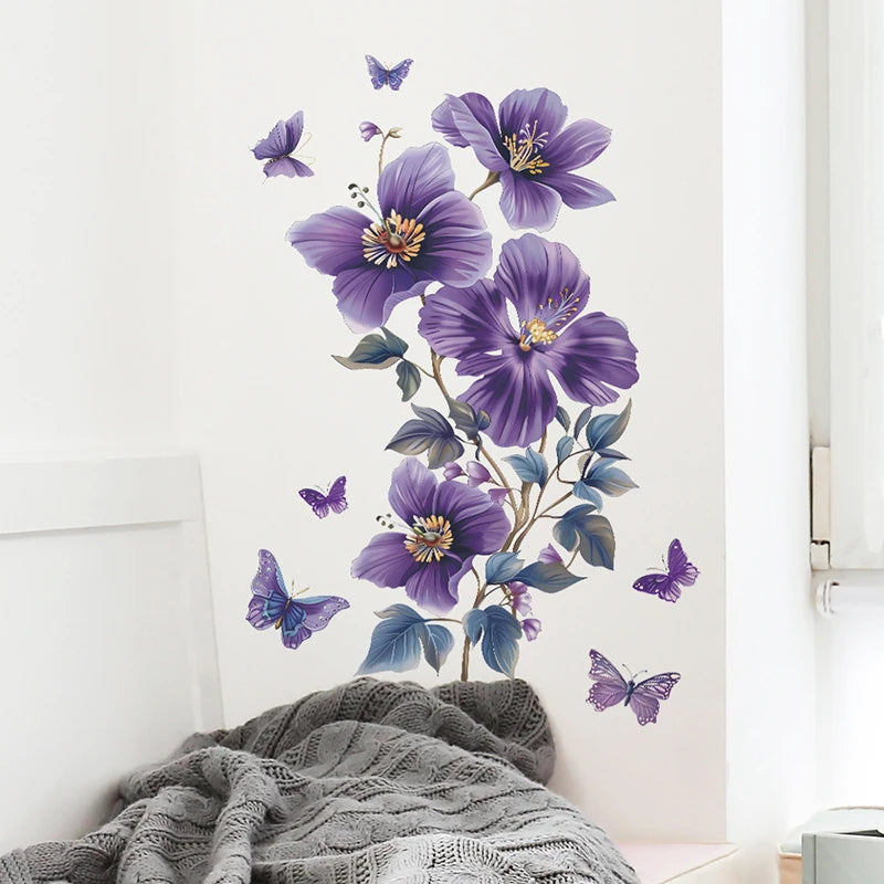 autocollants muraux papillons fleurs violets bleus dorés décoration intérieure réaliste chambre salon