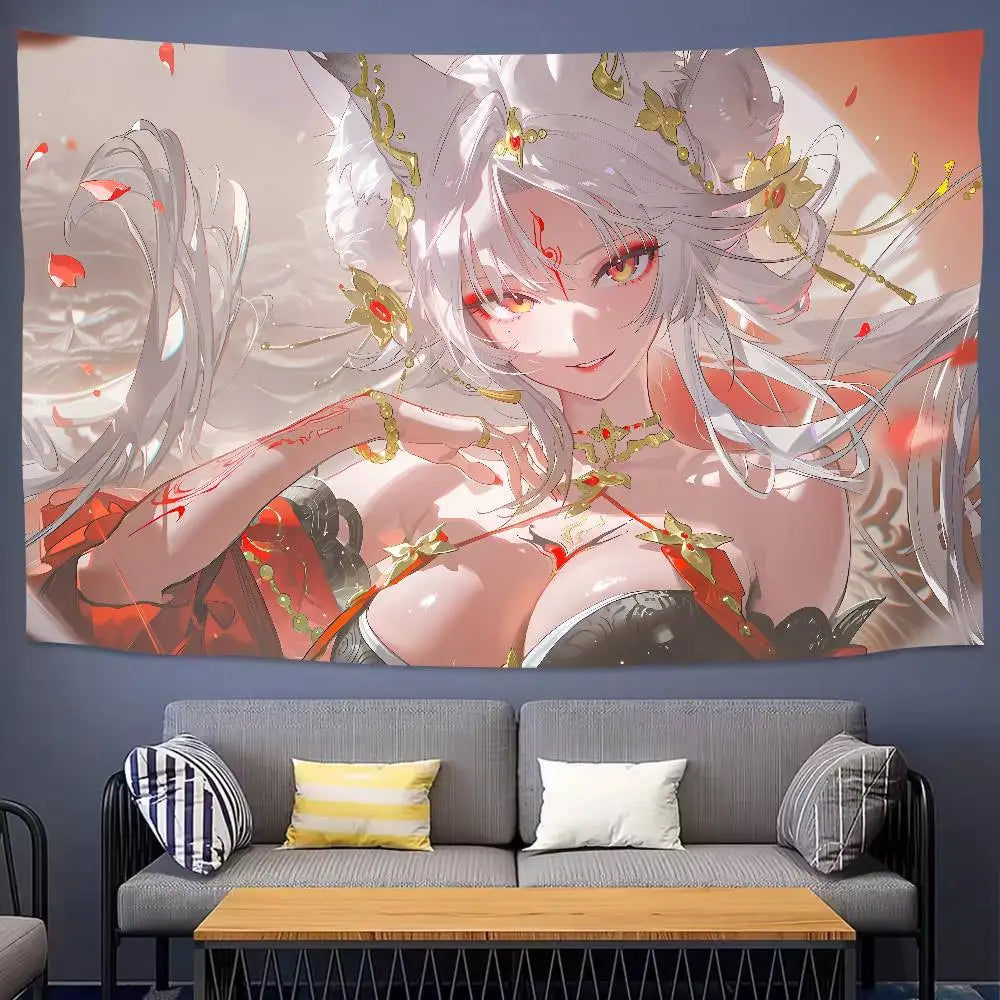 tapisserie murale art numérique anime femme cheveux blancs accessoires dorés détails floraux 100x150cm 150x200cm