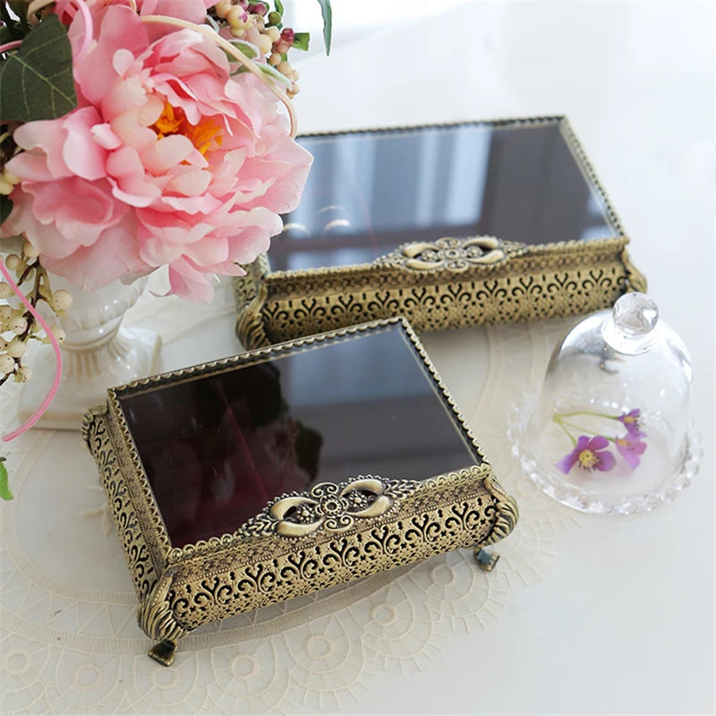 boîte bijoux vintage boîte rectangle ornements floraux poignées décoratives verre noir opaque bracelet boucles