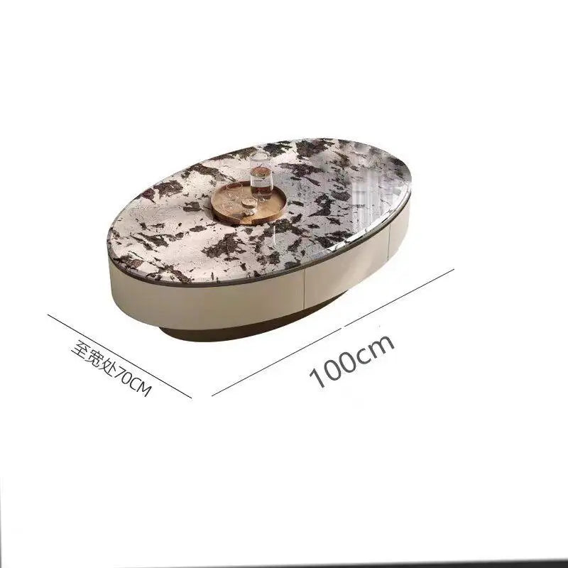 table basse moderne marbre ovale bois pieds métalliques tiroir plateau amovible salon
