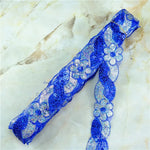ruban décoratif dentelle sequins fleurs 4cm bleu vert rouge rose or argent partie