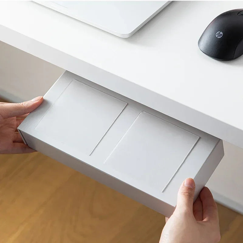 tiroir rangement adhésif blanc moderne sous table organisation câbles téléphones stylos hygiène divers