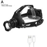 lampe frontale led rechargeable usb 8000lm zoom étanche camping pêche nuit ceinture ajustable noire