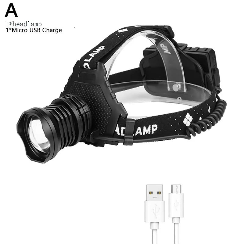 lampe frontale led rechargeable usb 8000lm zoom étanche camping pêche nuit ceinture ajustable noire