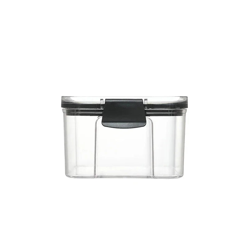 boîtes rangement alimentaire transparentes poignées noires multiple tailles réutilisables modernes pratiques épices pâtes graines
