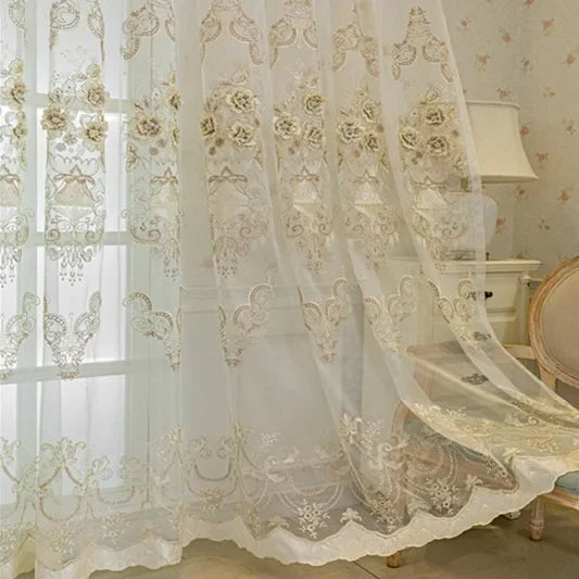 rideau floral transparent polyester broderies classique maison hotelpaque blanc doré 100x250cm