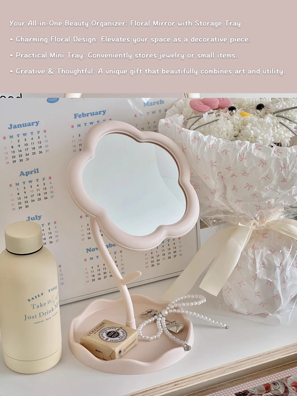 miroir table blanc crème rose poudré floral rangement maquillage bijoux calendrier