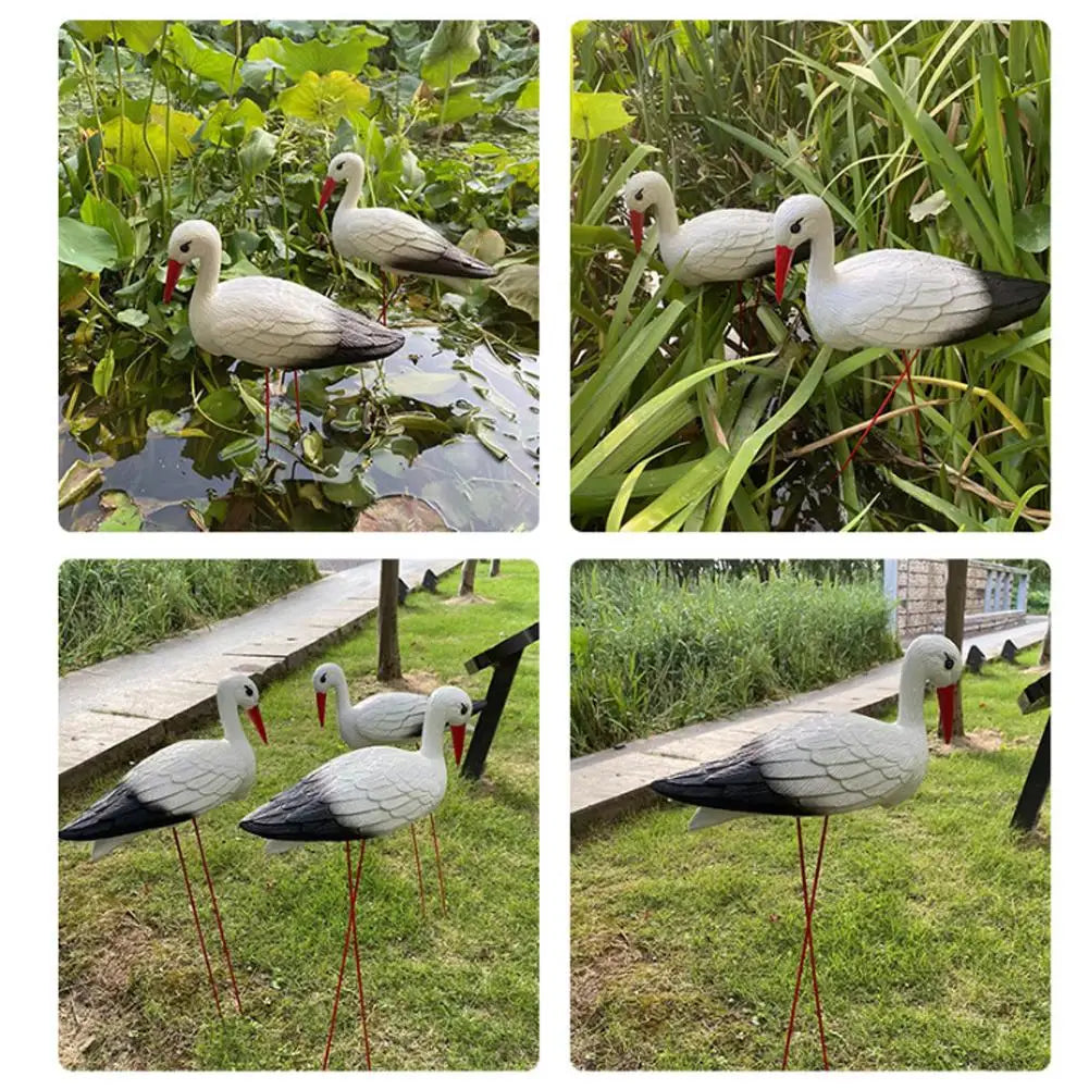 décoration extérieure oiseau cigogne blanche réaliste plumes métal rouge jardin piscine