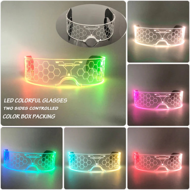 lunettes lumineuses led futuristes transparentes paillettes circuit imprimé élastique fête rave club nuit