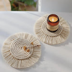 coasters tissu spirale tissée franges bohême artisanal couleur beige domestique utilisation protection table
