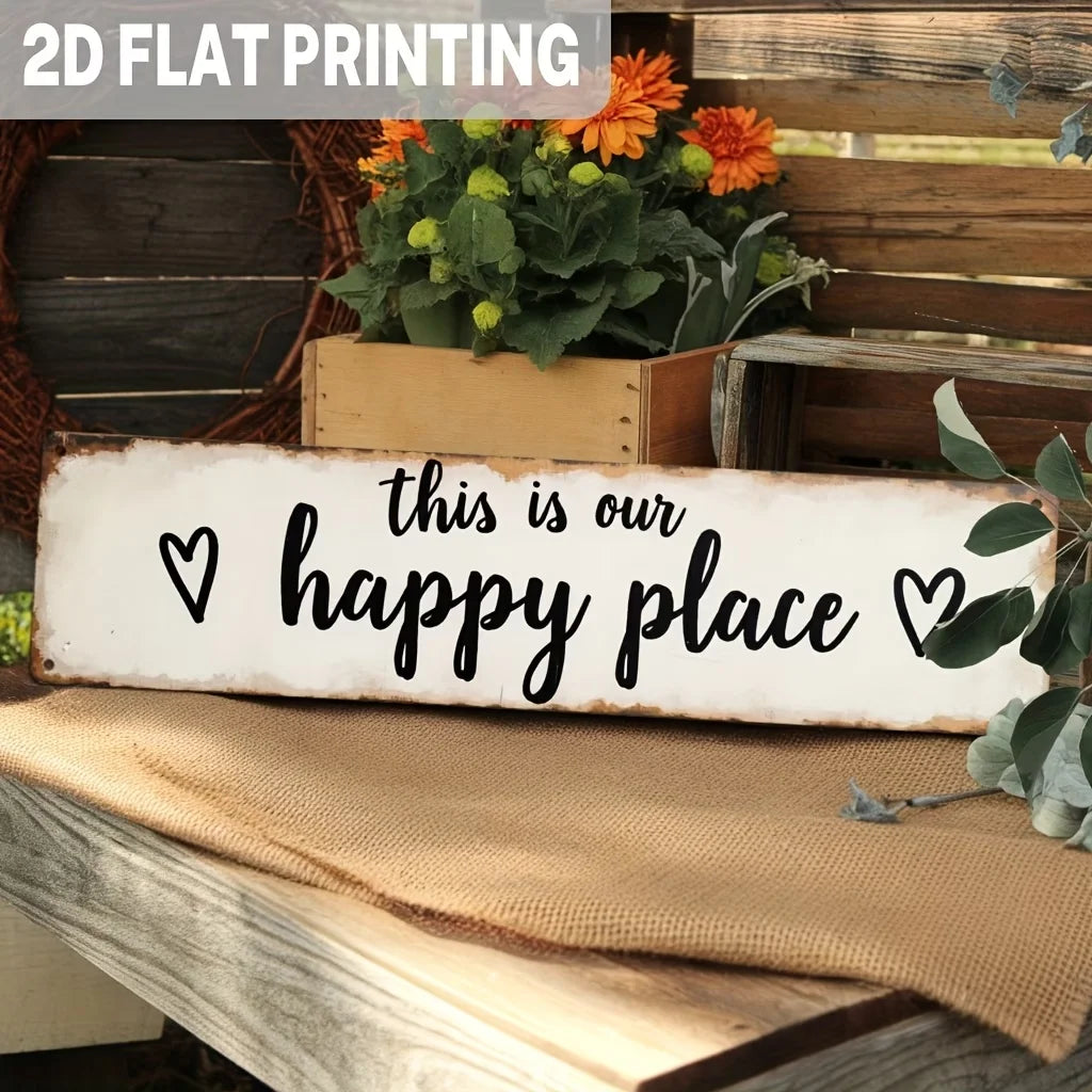 plaque décorative bois blanc noir texte happy place coeurs vintage rustique sans fixation
