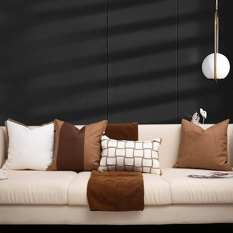 housse coussin carré géométrique tissu daim beige marron décoration salon contemporain simple haute qualité