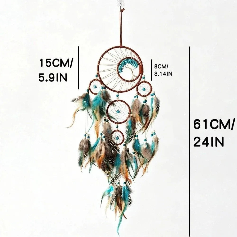 décoration murale attrape rêves boho chic plumes colorées textiles marron bleu gris