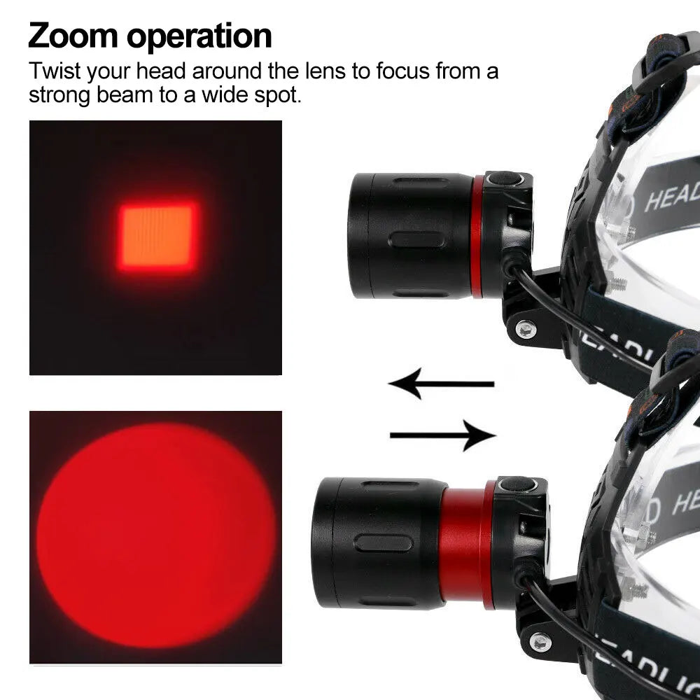 lampe frontale rechargeable led zoomable noir rouge vert phare modes torche pêche chasse camping