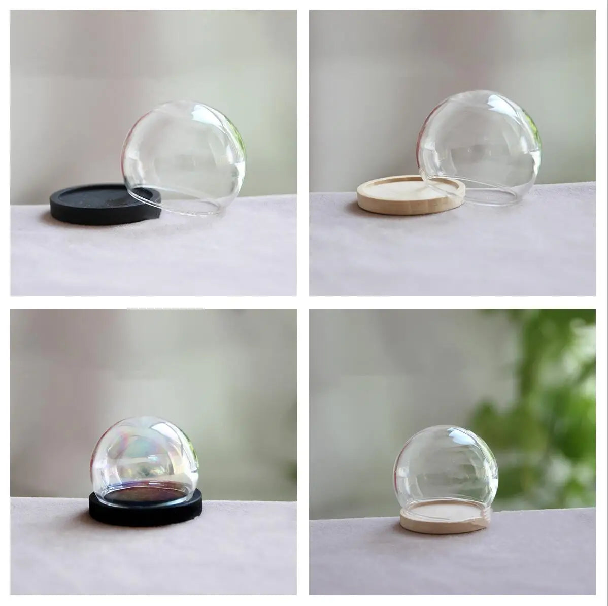 vase boule verre transparent base bois couvercle fleurs séchées