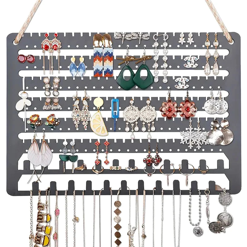 porte bijoux mural rangements bois gris moderne rangées trous perches
