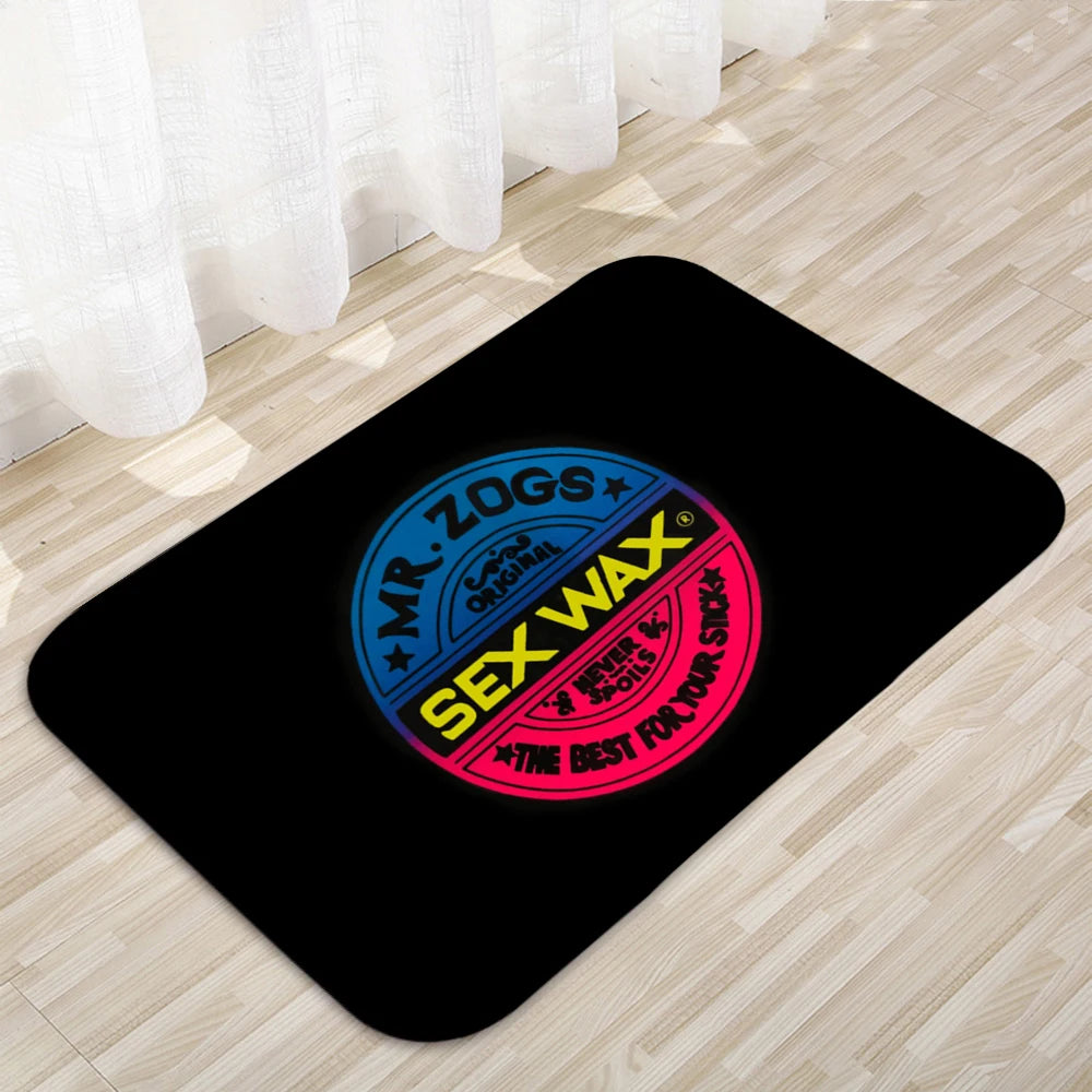 tapis moderne graphique logo mr zogs sex wax noir orange bleu rose vert