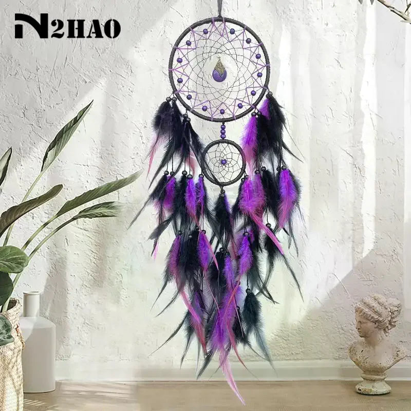 attrape rêves plumes violet noir rose traditionnel artisanal concentrique métal